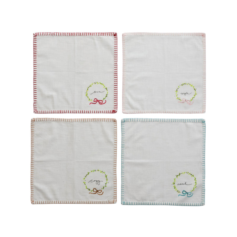 The Holiday ShopCotton Napkins with Holiday Word, Wreath and Blanket Stitch