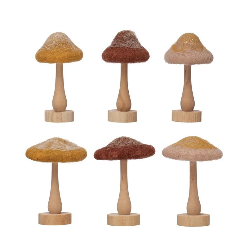 Wool Mushroom with Wood Base and Glitter